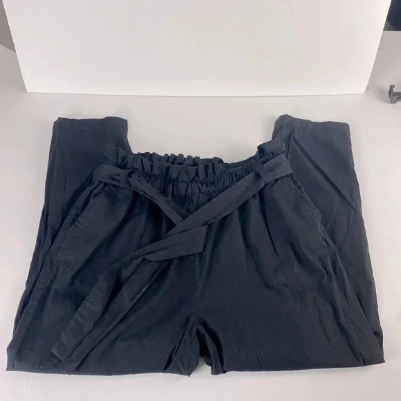 Black paper bag waist pleated black lightweight tie waist pants size extra large - Picture 1 of 12
